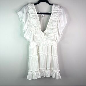 Glam White Ruffle V Neck Mini Dress Size Small